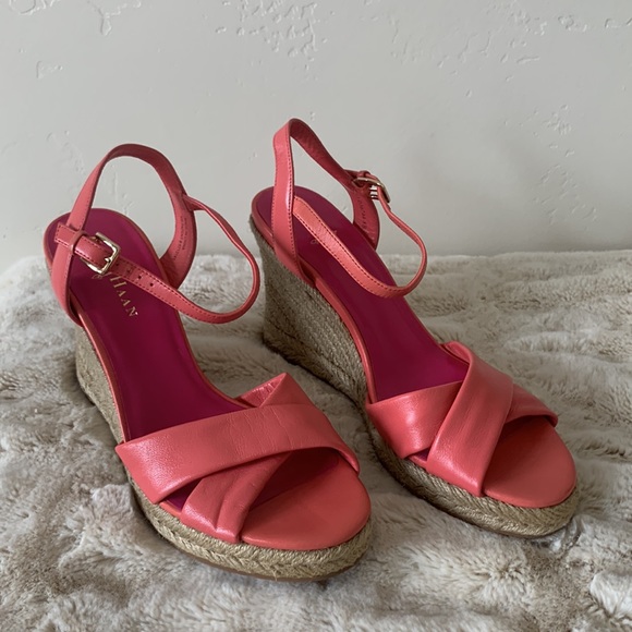 Cole Haan Wedge Sandals. NWOT Coral Pink Leather.Size 8. Espadrille 3 1/2” heel - Picture 2 of 9